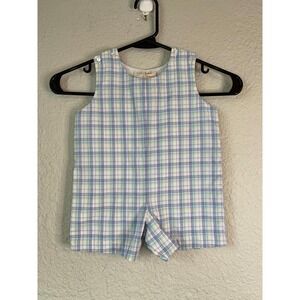 Vintage Sir John Plaid Romper Sleeveless Buttoned Baby Outfit Blue White 9M
